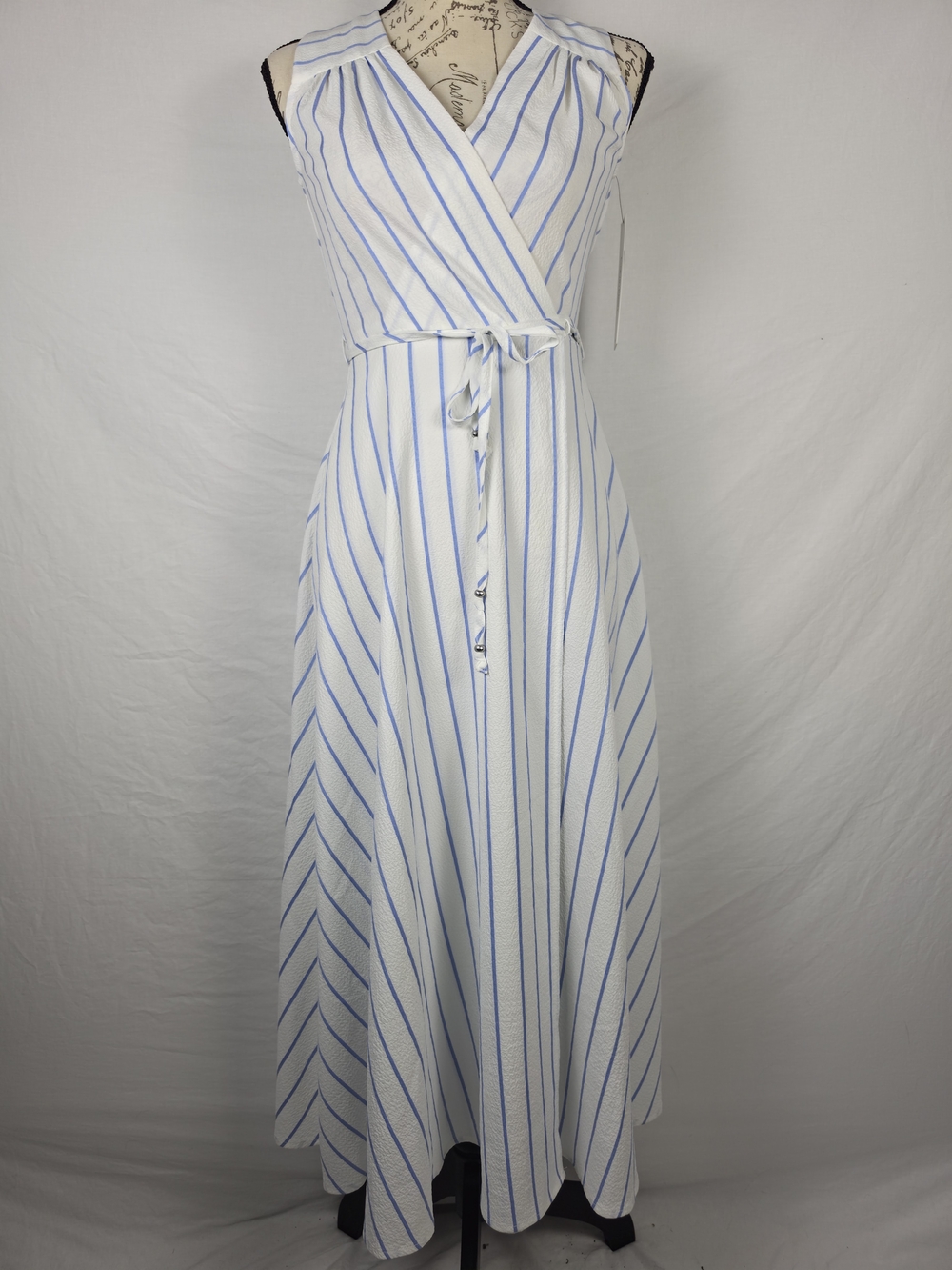 NWT Calvin Klein Striped Faux Wrap Maxi Dress White Blue Seersucker - 2 Petite
